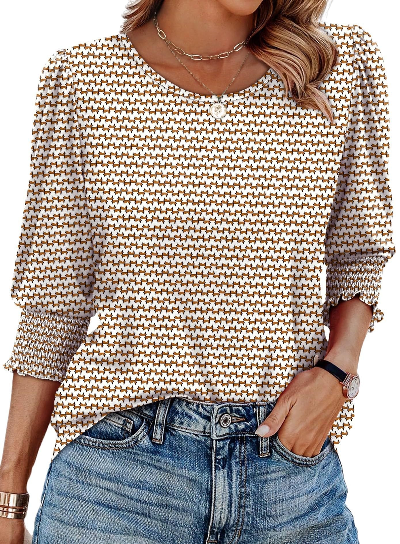 🔥Hot Sale 50% OFF💝✨Women Dressy Casual 3/4 Length Sleeve Blouses with Smocked Cuffs