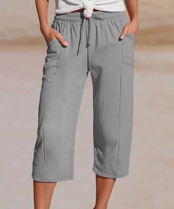 Women's Solid-Color Pleated Cotton-Linen Cropped Pants