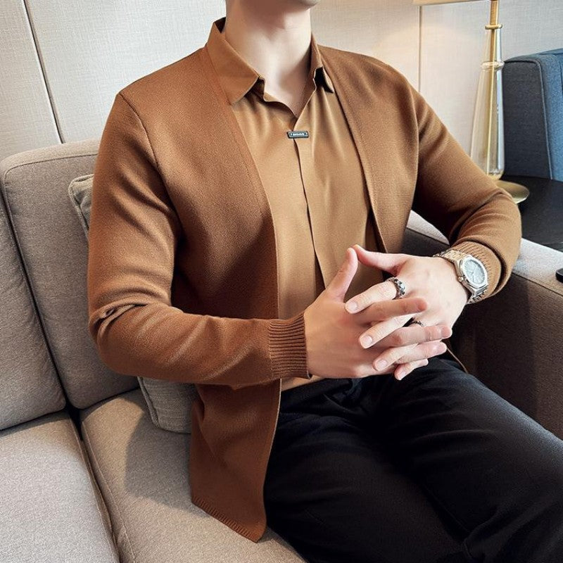 Men's Faux Two-Piece Knit Cardigan Shirt | Stylish Seamless V-Neck Sweater Jacket | Wholesale Price! ✨🛒