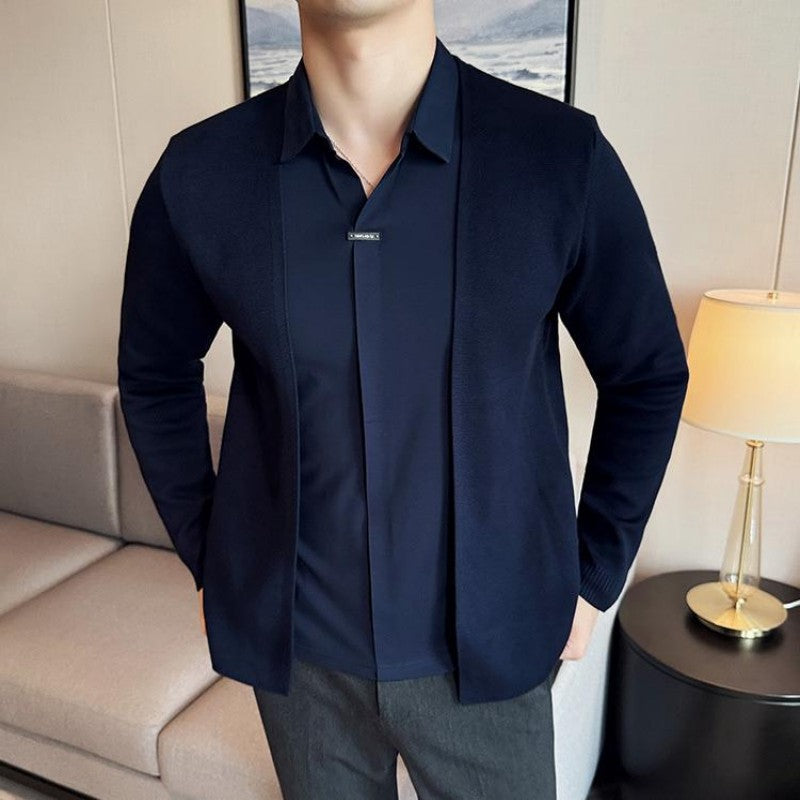 Men's Faux Two-Piece Knit Cardigan Shirt | Stylish Seamless V-Neck Sweater Jacket | Wholesale Price! ✨🛒