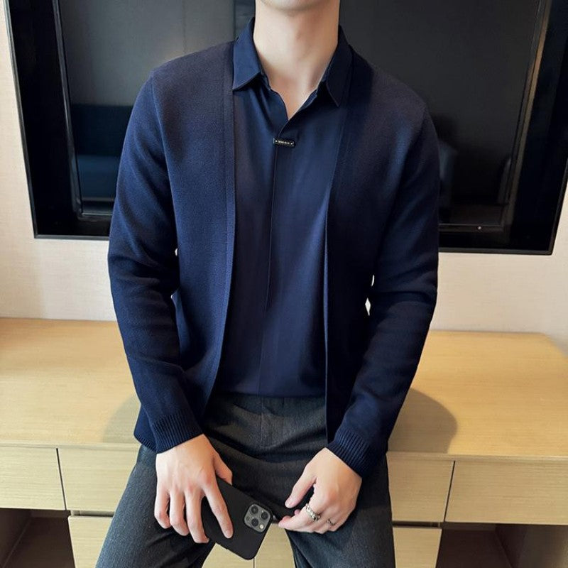 Men's Faux Two-Piece Knit Cardigan Shirt | Stylish Seamless V-Neck Sweater Jacket | Wholesale Price! ✨🛒