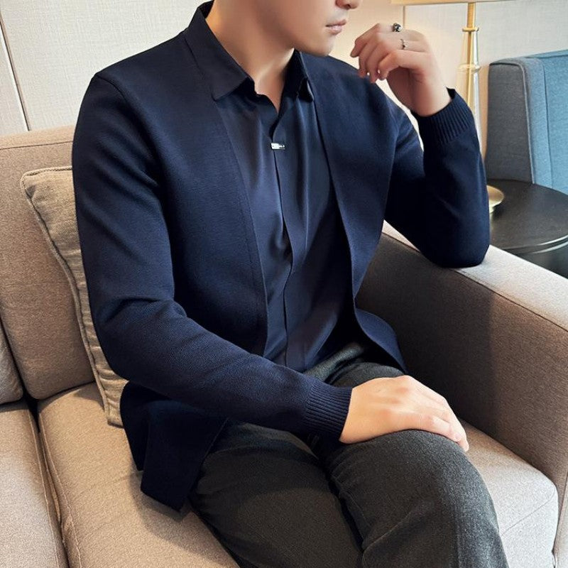Men's Faux Two-Piece Knit Cardigan Shirt | Stylish Seamless V-Neck Sweater Jacket | Wholesale Price! ✨🛒