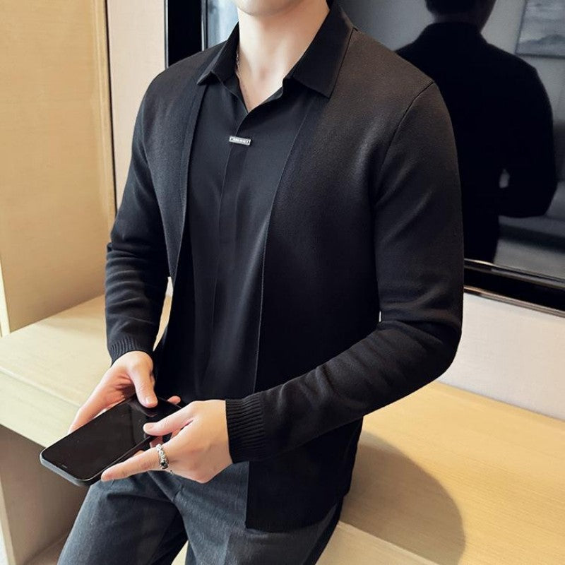 Men's Faux Two-Piece Knit Cardigan Shirt | Stylish Seamless V-Neck Sweater Jacket | Wholesale Price! ✨🛒