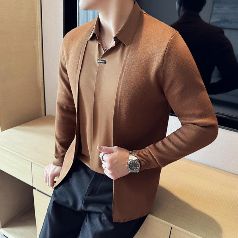 Men's Faux Two-Piece Knit Cardigan Shirt | Stylish Seamless V-Neck Sweater Jacket | Wholesale Price! ✨🛒