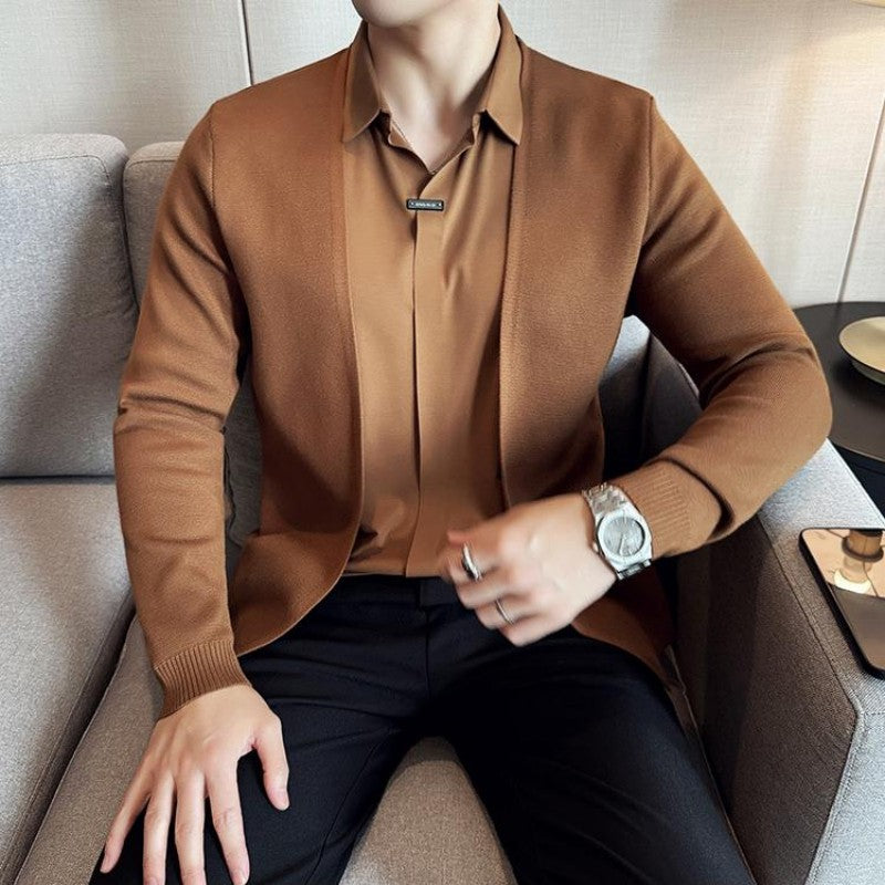 Men's Faux Two-Piece Knit Cardigan Shirt | Stylish Seamless V-Neck Sweater Jacket | Wholesale Price! ✨🛒