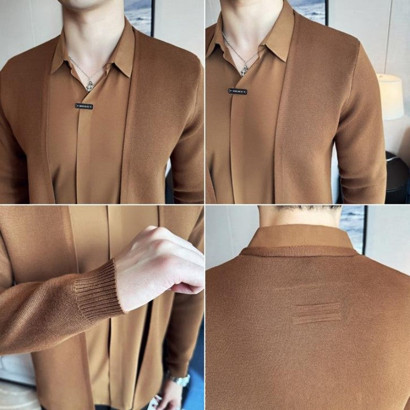 Men's Faux Two-Piece Knit Cardigan Shirt | Stylish Seamless V-Neck Sweater Jacket | Wholesale Price! ✨🛒