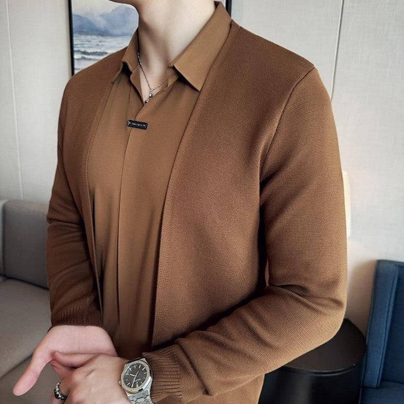 Men's Faux Two-Piece Knit Cardigan Shirt | Stylish Seamless V-Neck Sweater Jacket | Wholesale Price! ✨🛒