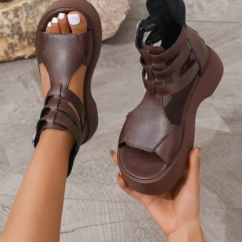 Orthopaedic women's sandals with platform and wedge heel in soft leather