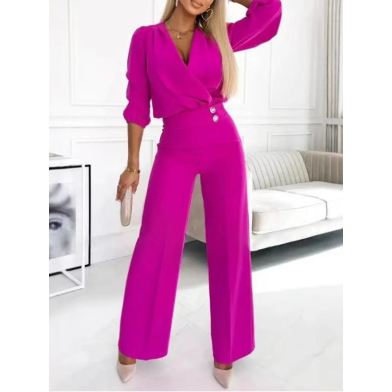 Women's Fashion V-Neck Top and Pants Set