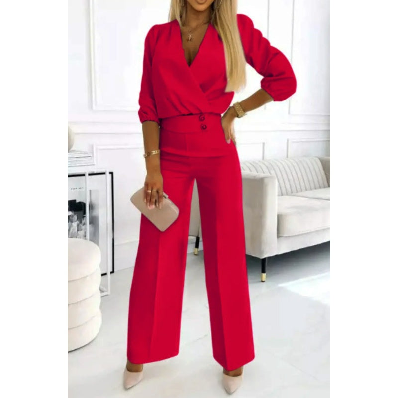 Women's Fashion V-Neck Top and Pants Set