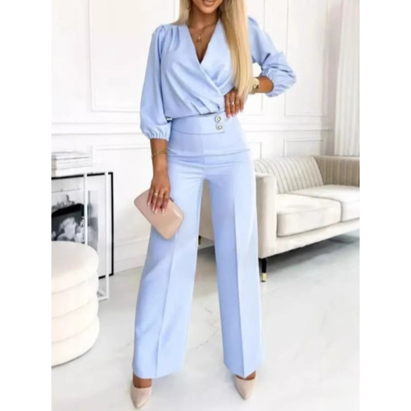 Women's Fashion V-Neck Top and Pants Set
