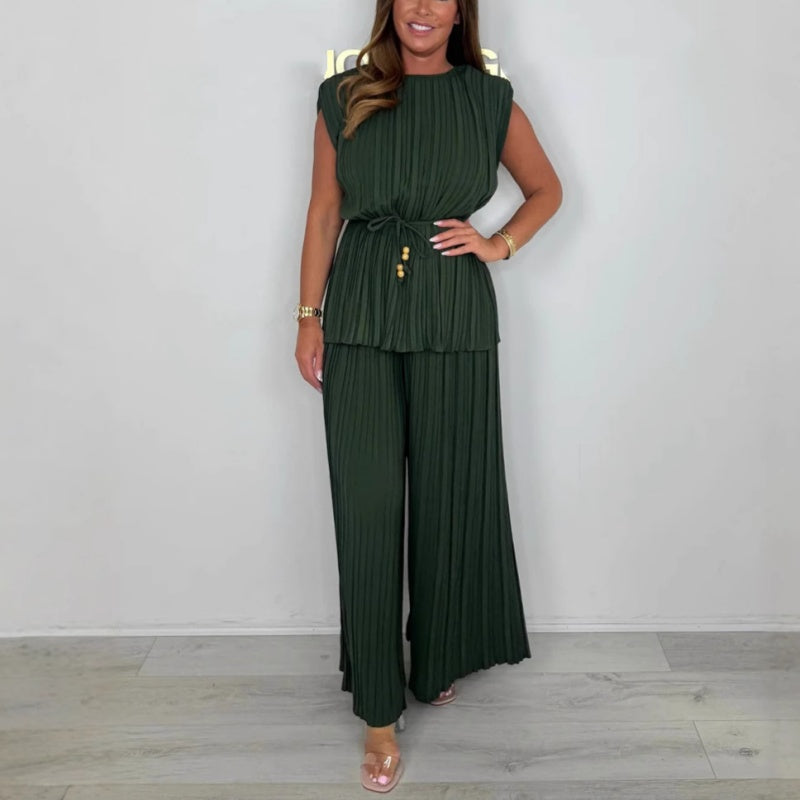 Women's Sleeveless Belted Top and Long Pants Set