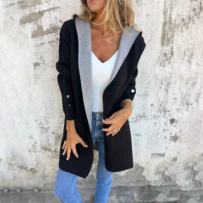 Women's Color Block Open Front Hooded Coat