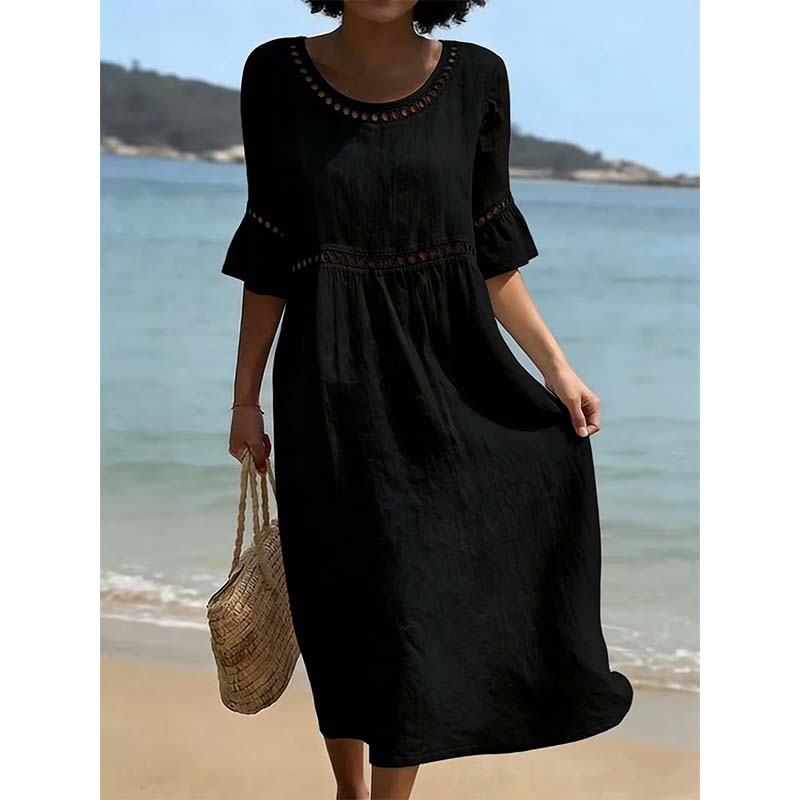 Women's Eyelet Flared Sleeve Midi Dress