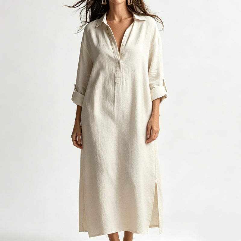 Women Loose Cotton Linen Shirt Maxi Dress