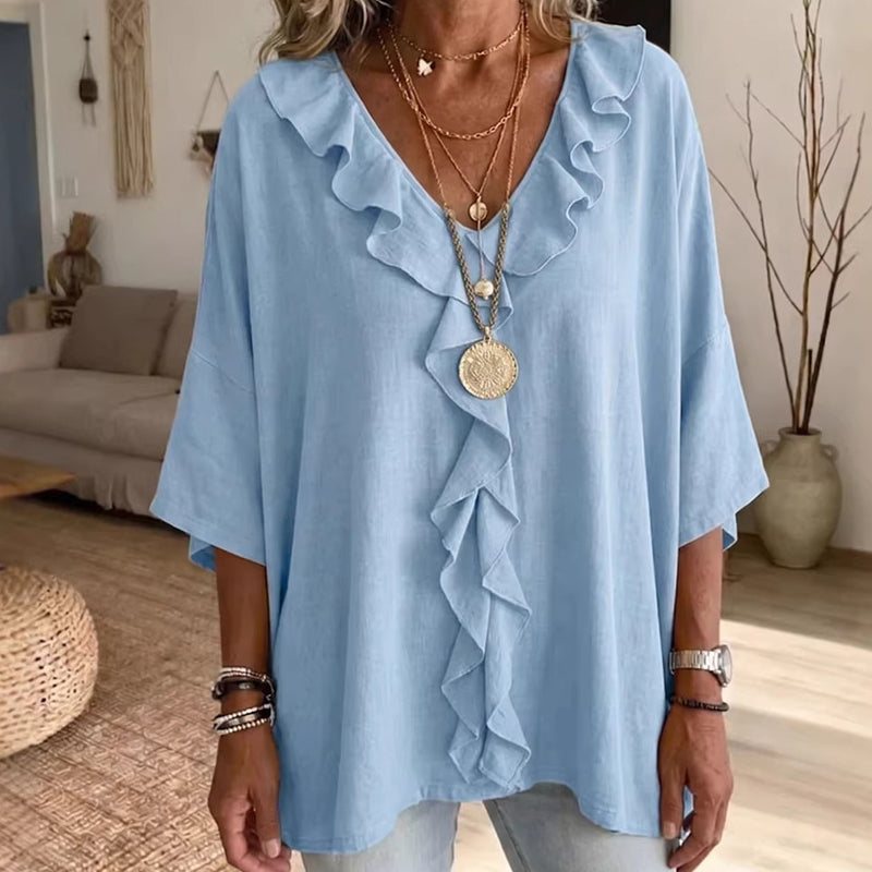 Women’s Casual V-Neck Ruffle Trim Blouse
