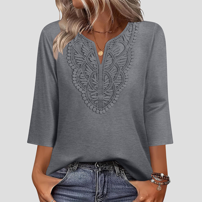 Women's V-Neck Lace Trim 3/4 Sleeve Tunic Top