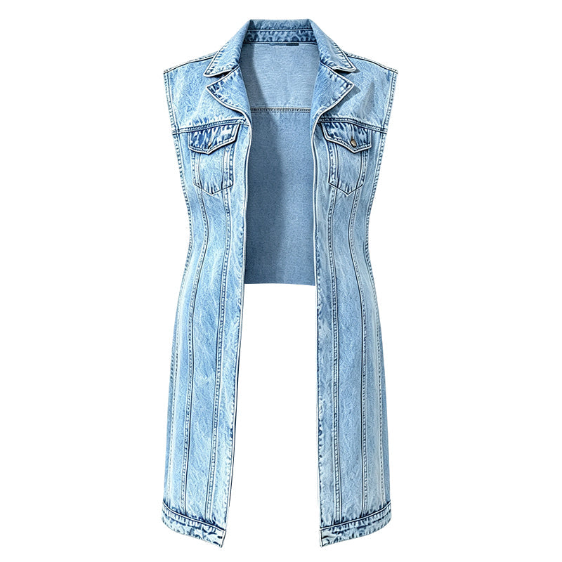 Women Sleeveless High Slit Denim Vest Dress Longline Jean Jacket