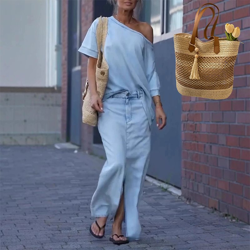 ✨Work commute outfit✨Women's diagonal shoulder top with split denim long skirt+Woven bag