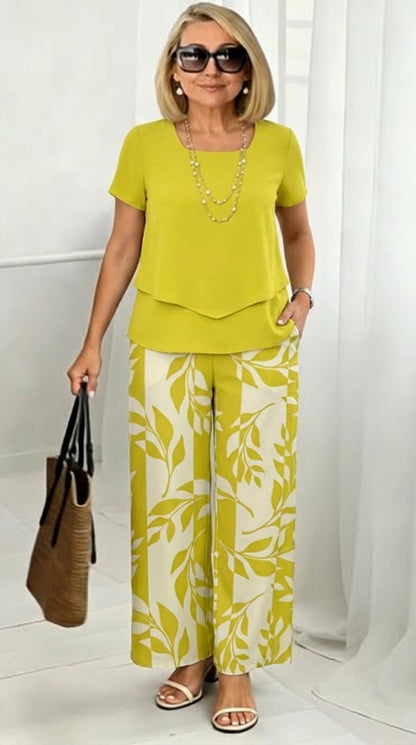 Women's Two-Piece Leaf Print Wide-Leg Pants Set