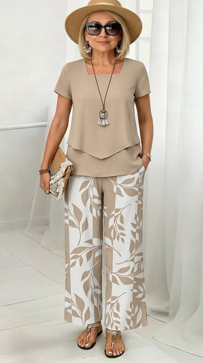 Women's Two-Piece Leaf Print Wide-Leg Pants Set