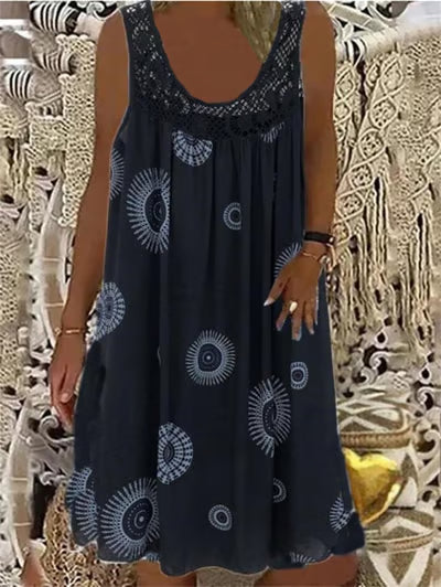 ⏰Women Summer O-Neck Sleeveless Print Dress