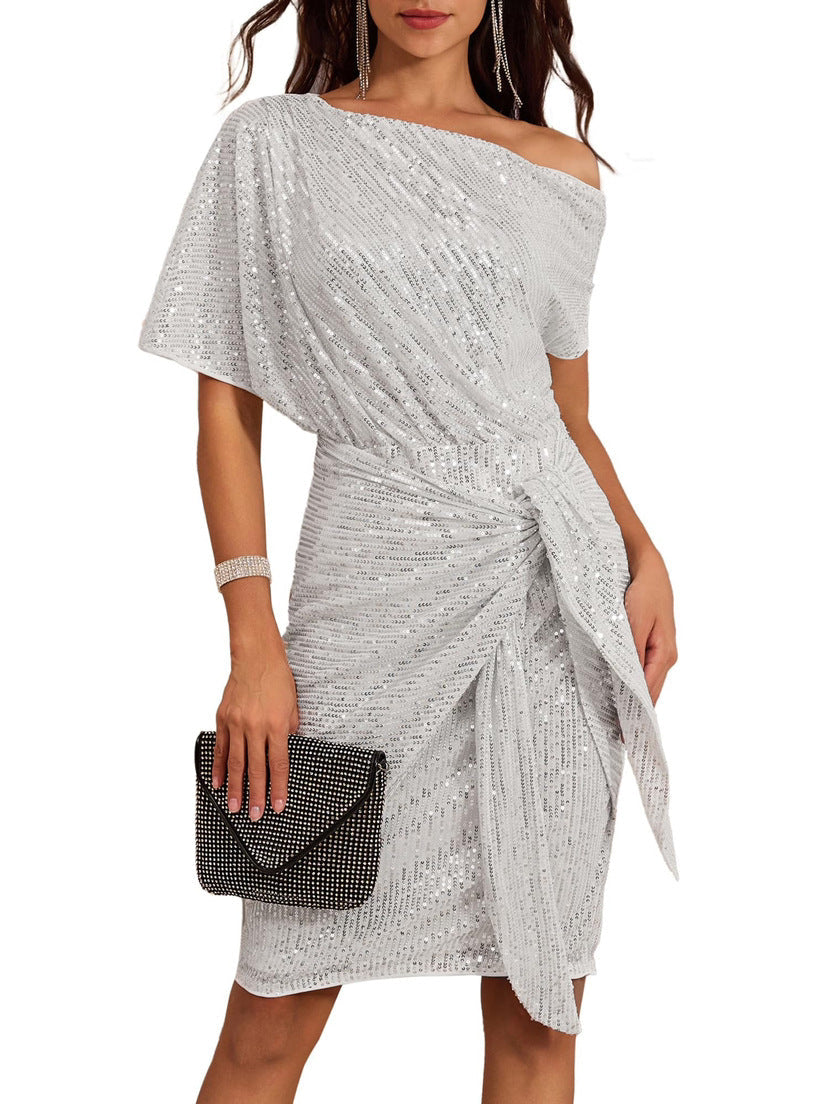 💃Last day of sale - 50% OFF🎉Sparkling dress with ruffles and one shoulder