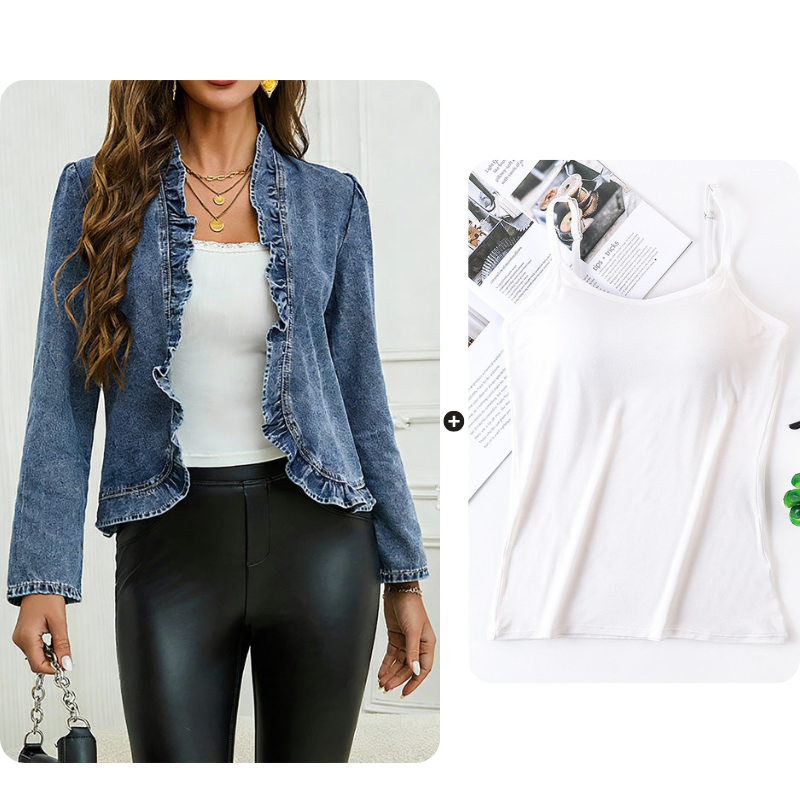 🧥  Women's Denim Jacket with Ruffles & Open Front – Lightweight & Feminine – Versatile & Chic 👗