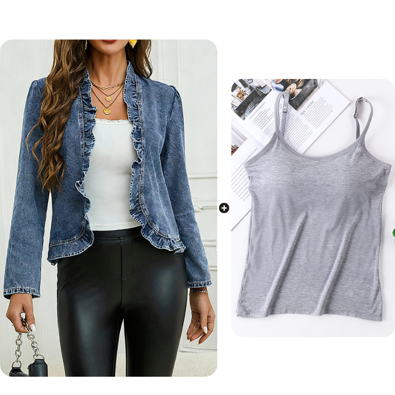 🧥  Women's Denim Jacket with Ruffles & Open Front – Lightweight & Feminine – Versatile & Chic 👗