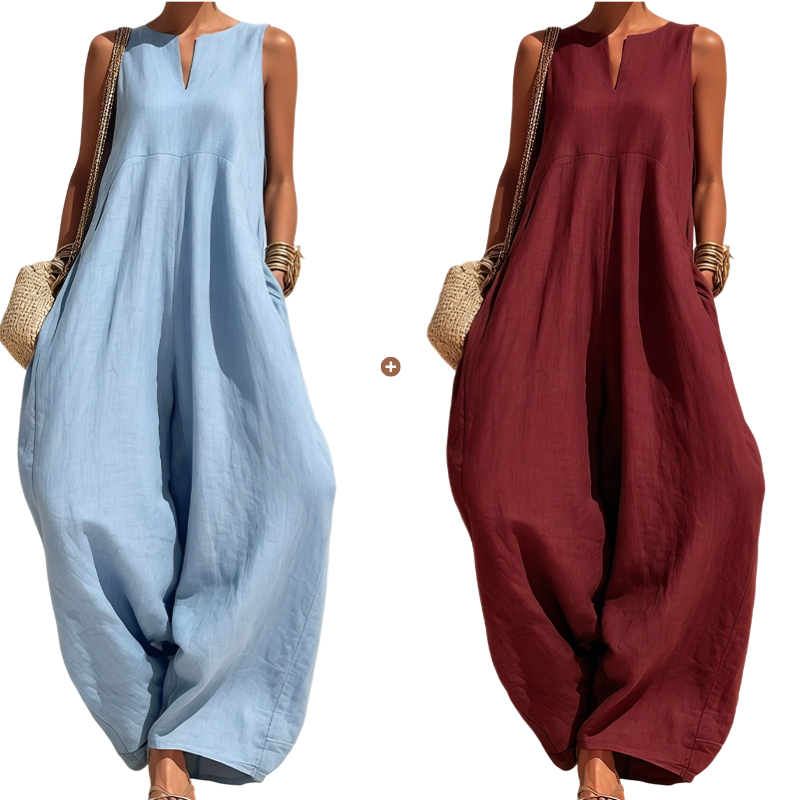 Women's Sleeveless V-Neck Wide-Leg Jumpsuit with Pockets