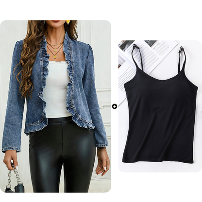 🧥  Women's Denim Jacket with Ruffles & Open Front – Lightweight & Feminine – Versatile & Chic 👗