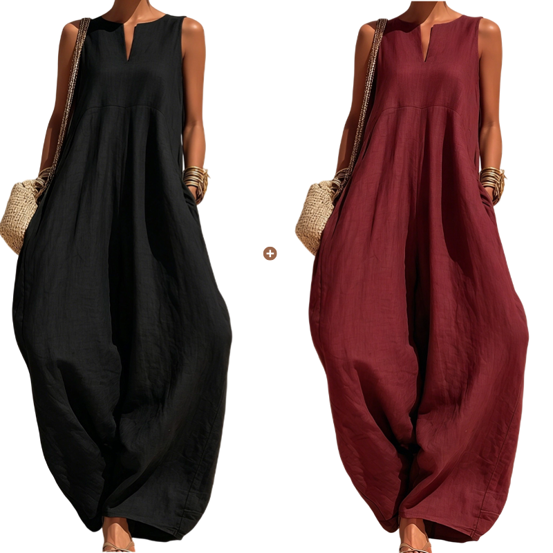 Women's Sleeveless V-Neck Wide-Leg Jumpsuit with Pockets