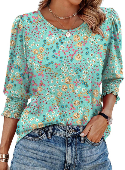 🔥Hot Sale 50% OFF💝✨Women Dressy Casual 3/4 Length Sleeve Blouses with Smocked Cuffs