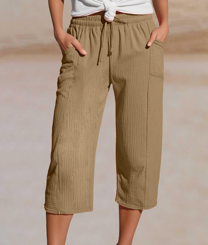 Women's Solid-Color Pleated Cotton-Linen Cropped Pants