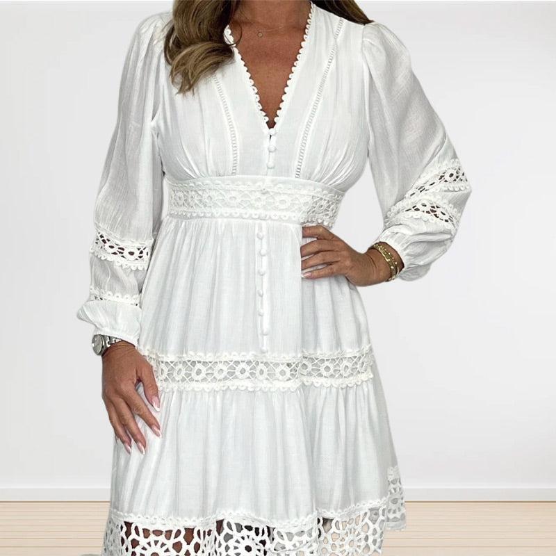 🎁Hot Sale 49% OFF⏳Women's White Vintage Hollow Out Lace V-Neck Dress