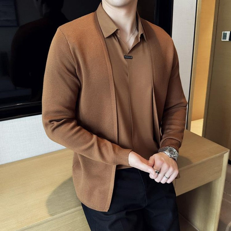 Men's Faux Two-Piece Knit Cardigan Shirt | Stylish Seamless V-Neck Sweater Jacket | Wholesale Price! ✨🛒