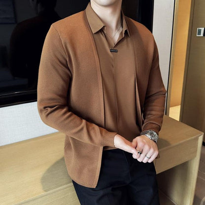 Men's Faux Two-Piece Knit Cardigan Shirt | Stylish Seamless V-Neck Sweater Jacket | Wholesale Price! ✨🛒
