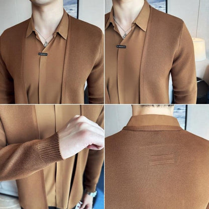 Men's Faux Two-Piece Knit Cardigan Shirt | Stylish Seamless V-Neck Sweater Jacket | Wholesale Price! ✨🛒