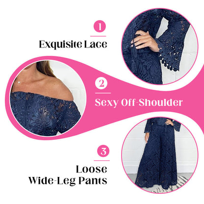 💖Women's 2-Piece Set: Lace Top + Wide-Leg Trousers