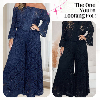 💖Women's 2-Piece Set: Lace Top + Wide-Leg Trousers