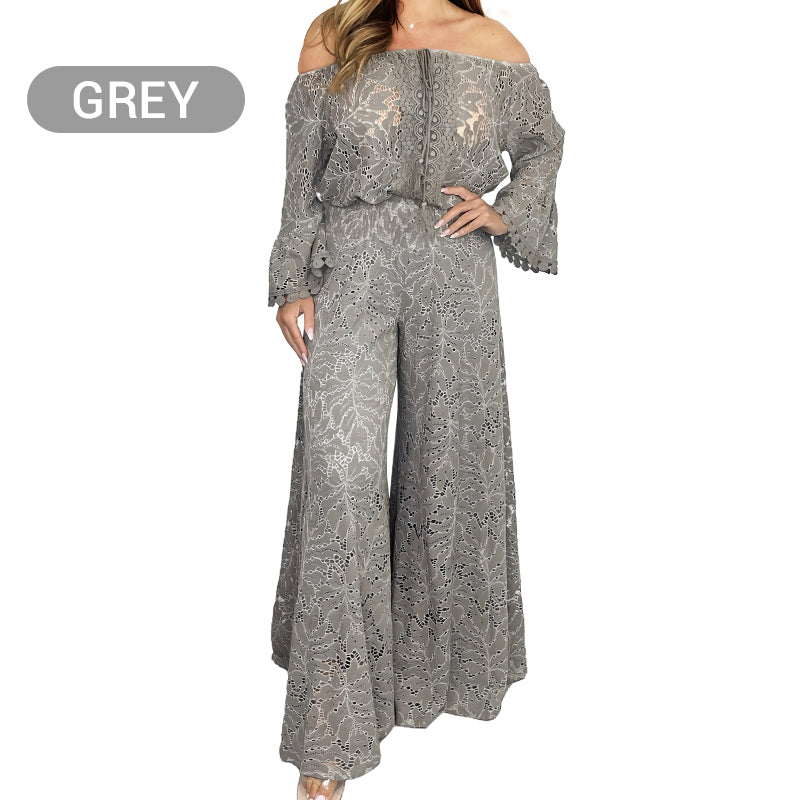 💖Women's 2-Piece Set: Lace Top + Wide-Leg Trousers