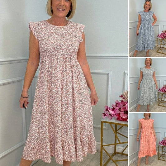 🌸Women's Elegant Floral Print High-Waisted Ruffle Cap Sleeve Dress💃
