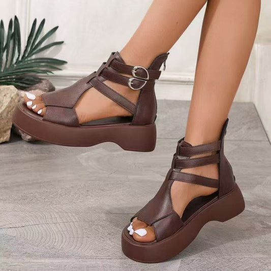 Orthopaedic women's sandals with platform and wedge heel in soft leather