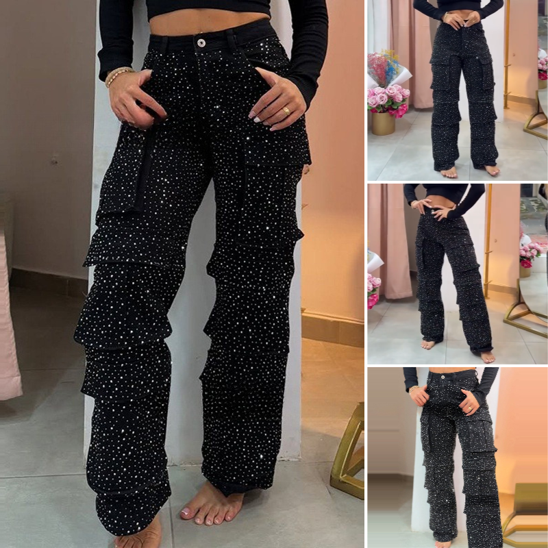 💎Women's Rhinestone Wide - Leg Pants with Pockets | Sparkle & Style
