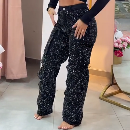 💎Women's Rhinestone Wide - Leg Pants with Pockets | Sparkle & Style