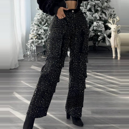 💎Women's Rhinestone Wide - Leg Pants with Pockets | Sparkle & Style