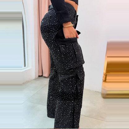 💎Women's Rhinestone Wide - Leg Pants with Pockets | Sparkle & Style