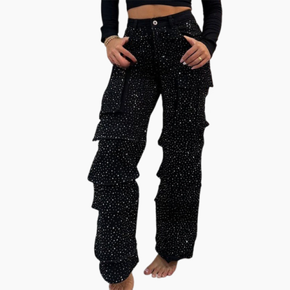 💎Women's Rhinestone Wide - Leg Pants with Pockets | Sparkle & Style