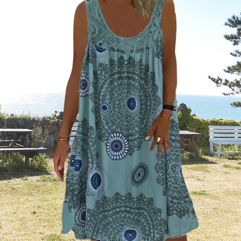 ⏰Women Summer O-Neck Sleeveless Print Dress