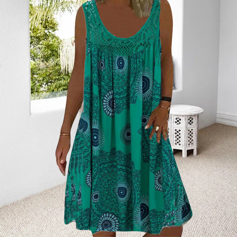 ⏰Women Summer O-Neck Sleeveless Print Dress